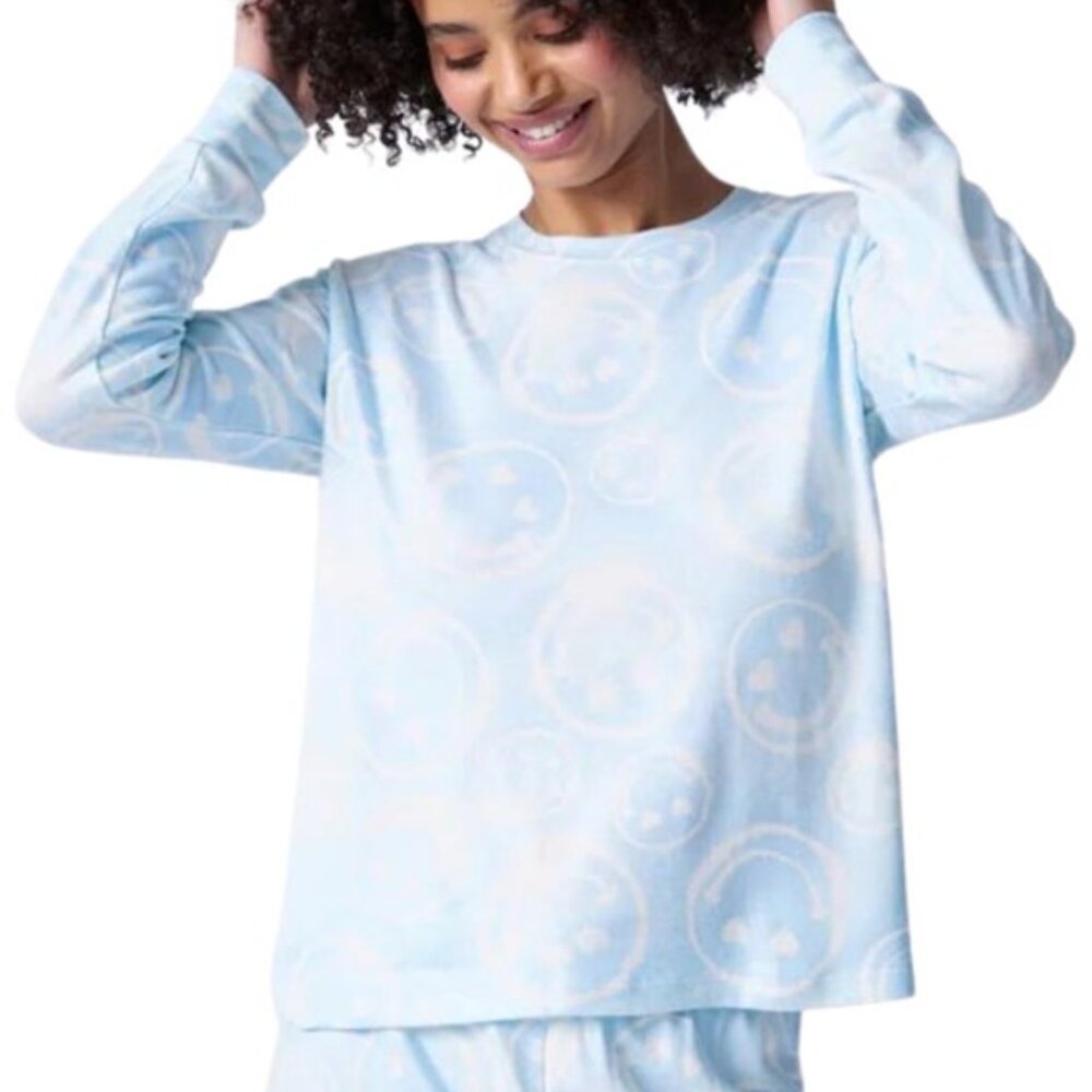 PJ Salvage Happy Days Smiley Face Pajama Top Peachy Lounge Sleep Blue Size XL